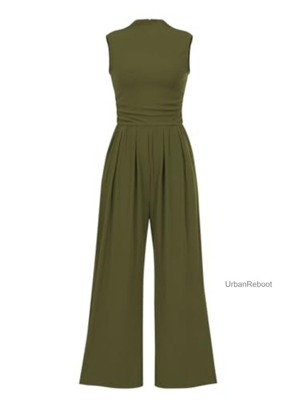 Ribbed Knit Sleeveless Wide Leg Jumpsuit with Pockets Mock Neck